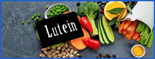 Fresh vegetables and seeds labeled Lutein
